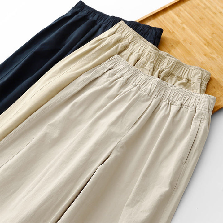 Pantaloni da donna in lino e cotone a gamba larga, con tasche, tinta unita, a vita alta, modello Buddha Stones Spring Commute