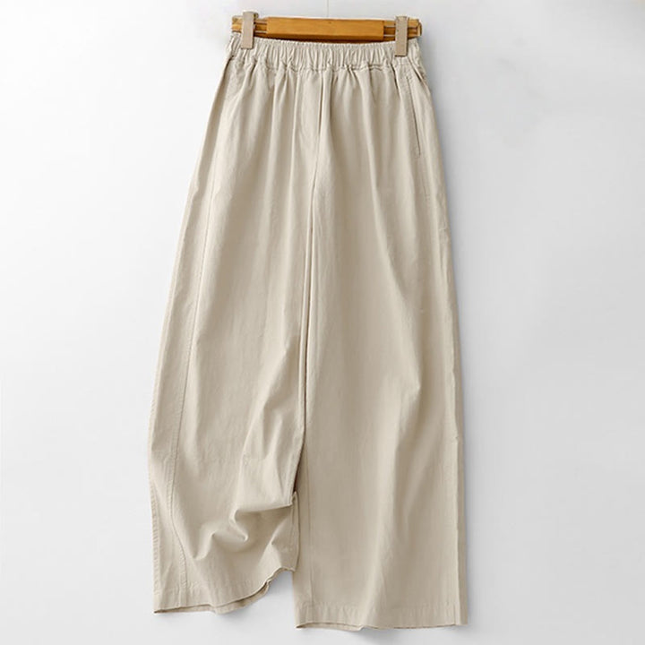 Pantaloni da donna in lino e cotone a gamba larga, con tasche, tinta unita, a vita alta, modello Buddha Stones Spring Commute