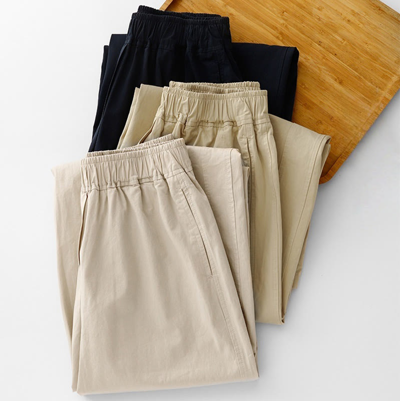 Pantaloni da donna in lino e cotone a gamba larga, con tasche, tinta unita, a vita alta, modello Buddha Stones Spring Commute