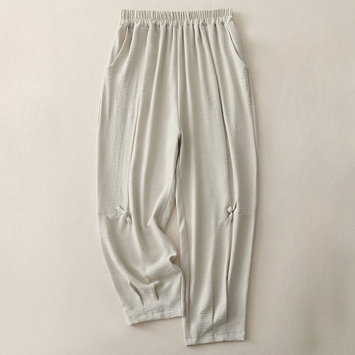 Pantaloni harem da donna in cotone e lino, con tasche, modello Buddha Stones Commute, casual, tinta unita, con bottoni a rana