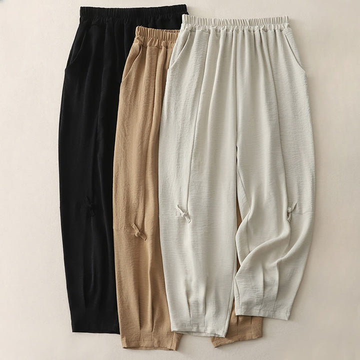 Pantaloni harem da donna in cotone e lino, con tasche, modello Buddha Stones Commute, casual, tinta unita, con bottoni a rana