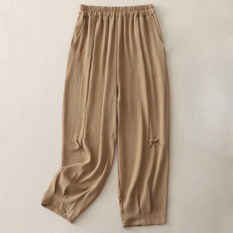 Pantaloni harem da donna in cotone e lino, con tasche, modello Buddha Stones Commute, casual, tinta unita, con bottoni a rana