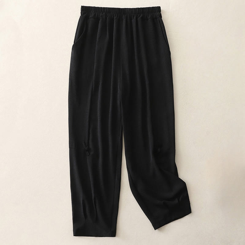 Pantaloni harem da donna in cotone e lino, con tasche, modello Buddha Stones Commute, casual, tinta unita, con bottoni a rana