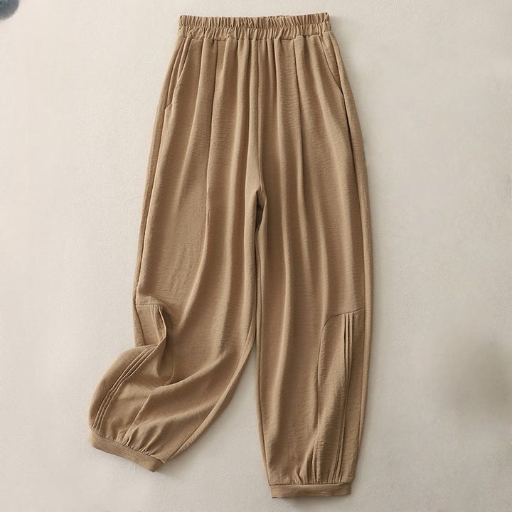 Pantaloni harem da donna in cotone e lino con tasche, modello estivo a pieghe semplici Buddha Stones, lunghezza 7-8