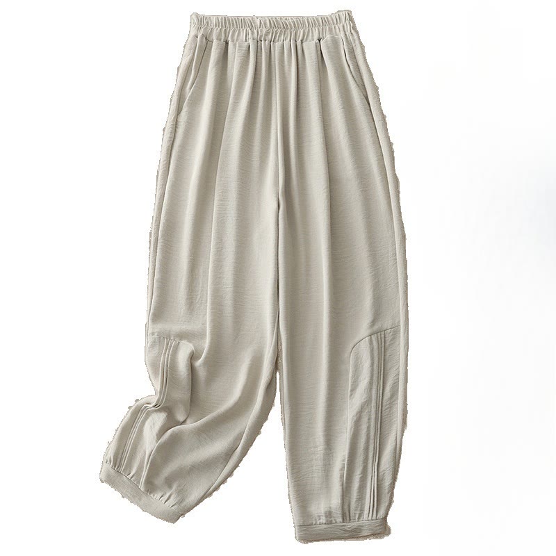 Pantaloni harem da donna in cotone e lino con tasche, modello estivo a pieghe semplici Buddha Stones, lunghezza 7-8
