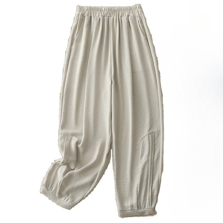 Pantaloni harem da donna in cotone e lino con tasche, modello estivo a pieghe semplici Buddha Stones, lunghezza 7-8