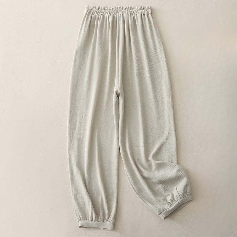 Pantaloni harem da donna in cotone e lino con tasche, modello estivo a pieghe semplici Buddha Stones, lunghezza 7-8 - image 3