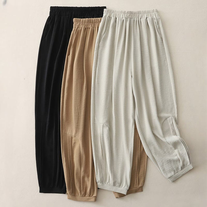 Pantaloni harem da donna in cotone e lino con tasche, modello estivo a pieghe semplici Buddha Stones, lunghezza 7-8