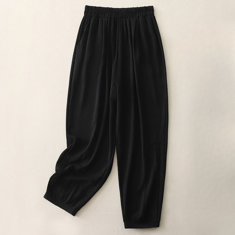 Pantaloni harem da donna in cotone e lino con tasche, modello estivo a pieghe semplici Buddha Stones, lunghezza 7-8