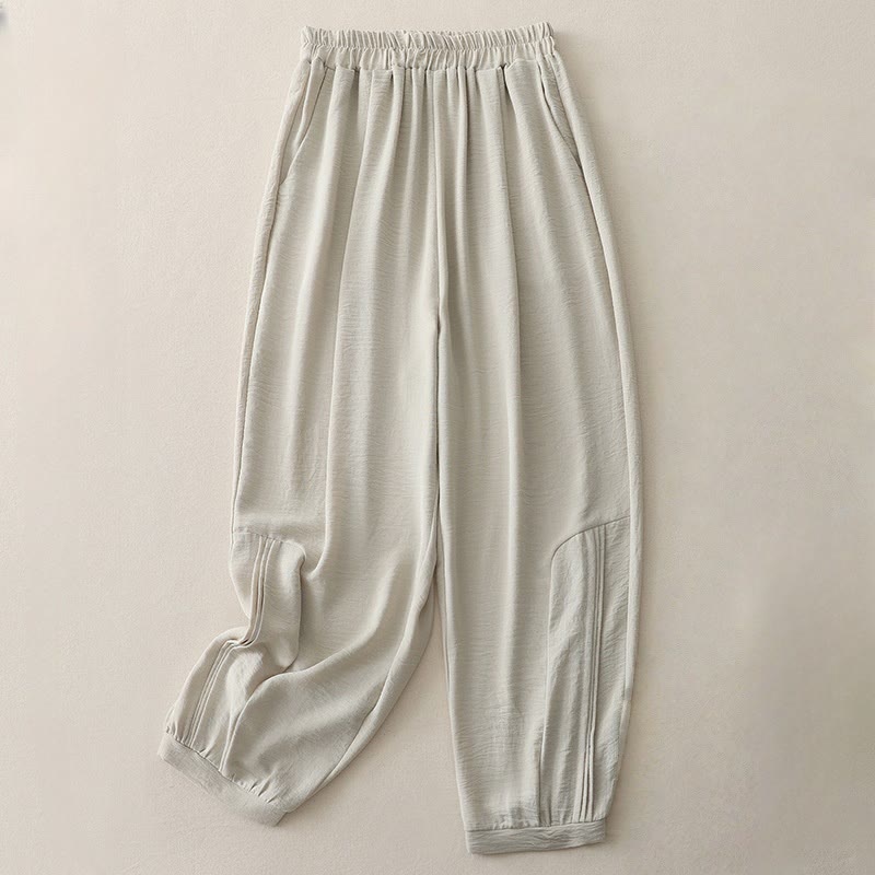 Pantaloni harem da donna in cotone e lino con tasche, modello estivo a pieghe semplici Buddha Stones, lunghezza 7-8