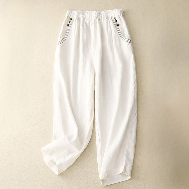 Pantaloni harem da donna in cotone con tasche, modello Buddha Stones, casual, con bottoni di colore puro, lunghezza 7-8