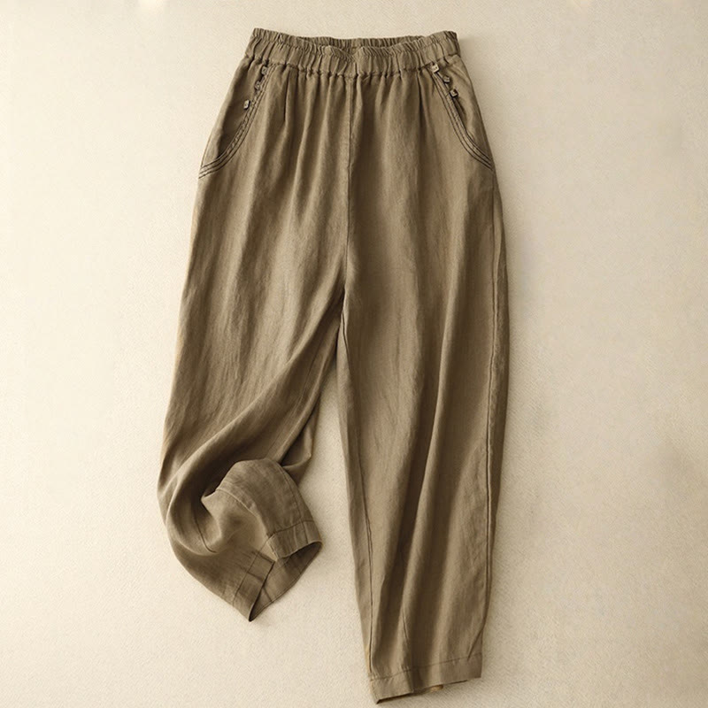 Pantaloni harem da donna in cotone con tasche, modello Buddha Stones, casual, con bottoni di colore puro, lunghezza 7-8 - Marrone sella - US8-10, UK/AU12-14, EU40-42 (2XL) - image 0