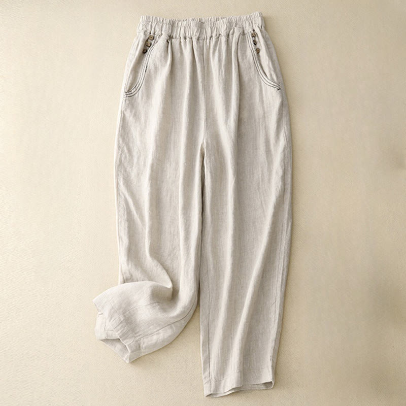 Pantaloni harem da donna in cotone con tasche, modello Buddha Stones, casual, con bottoni di colore puro, lunghezza 7-8