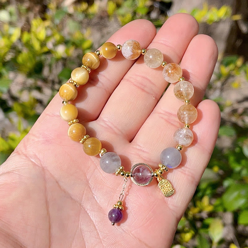 Bracciale della prosperità con carattere Fu in occhio di tigre citrino naturale Buddha Stones