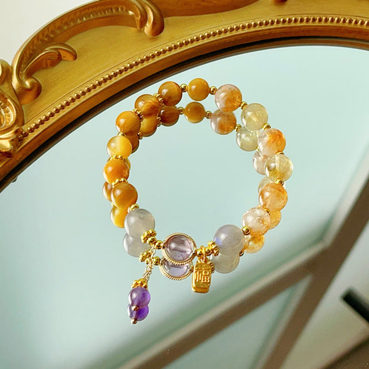 Bracciale della prosperità con carattere Fu in occhio di tigre citrino naturale Buddha Stones