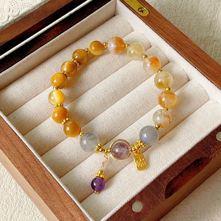 Bracciale della prosperità con carattere Fu in occhio di tigre citrino naturale Buddha Stones