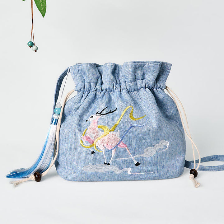 Borsa a tracolla in cotone e lino con Buddha Stones ricamate, fata azzurra, cervo, nuvole di buon auspicio