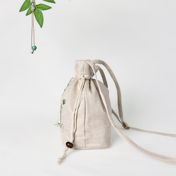 Borsa a tracolla in cotone e lino con Buddha Stones ricamate in beige, motivo: erba orchidea