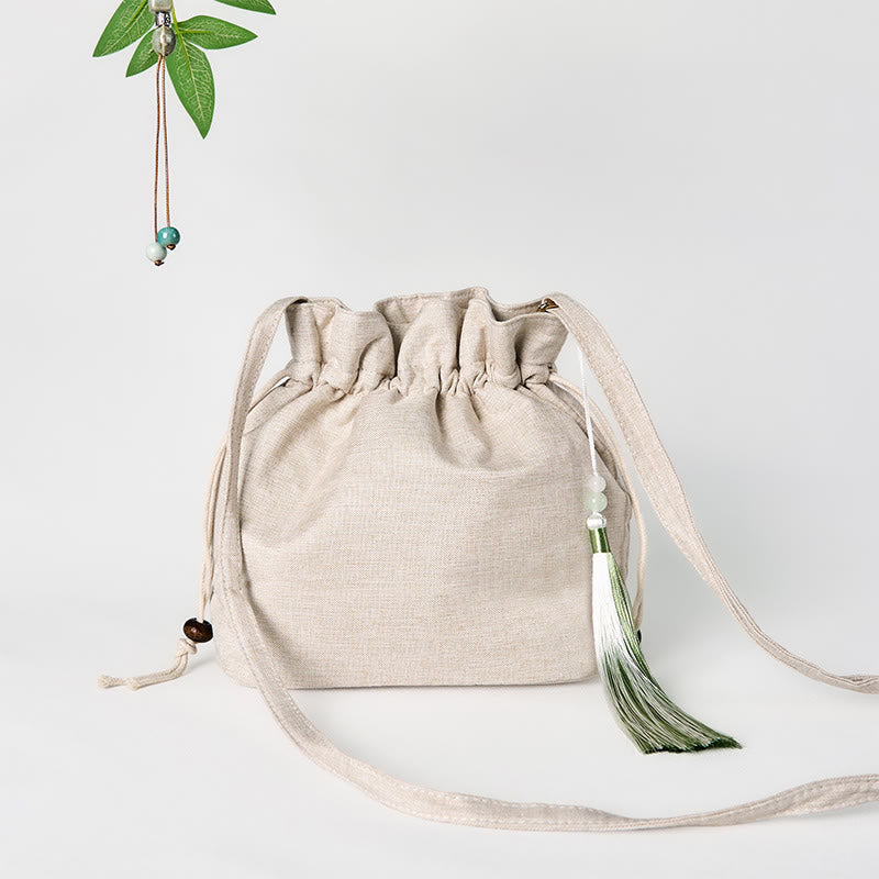 Borsa a tracolla in cotone e lino con Buddha Stones ricamate in beige, motivo: erba orchidea