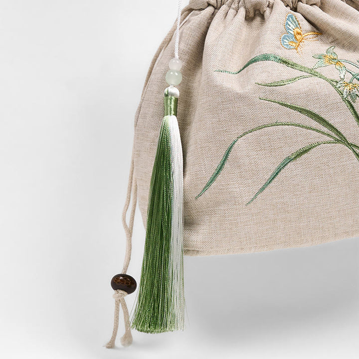 Borsa a tracolla in cotone e lino con Buddha Stones ricamate in beige, motivo: erba orchidea