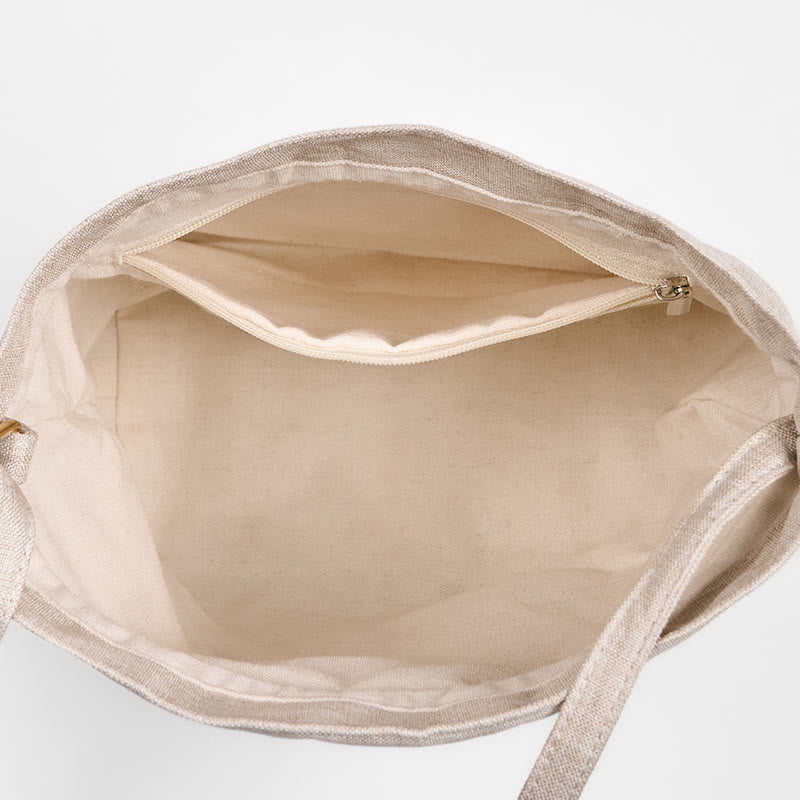 Borsa a tracolla in cotone e lino con Buddha Stones ricamate in beige, motivo: erba orchidea