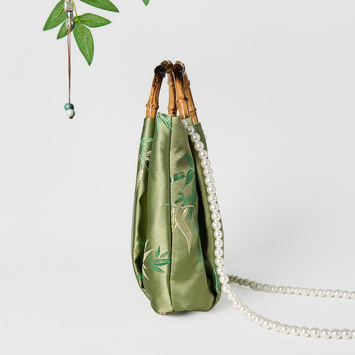 Borsa a tracolla con manico in bambù e perle, con ricamo Buddha Stones e foglie