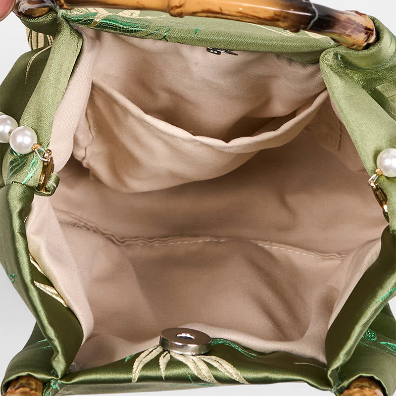 Borsa a tracolla con manico in bambù e perle, con ricamo Buddha Stones e foglie
