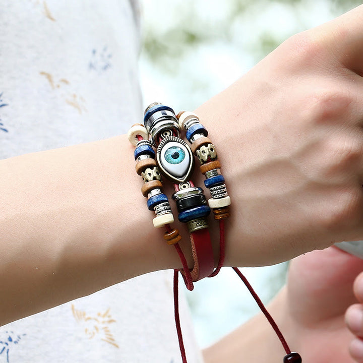 Braccialetto di protezione regolabile in pelle con Buddha Stones occhio maligno tibetano