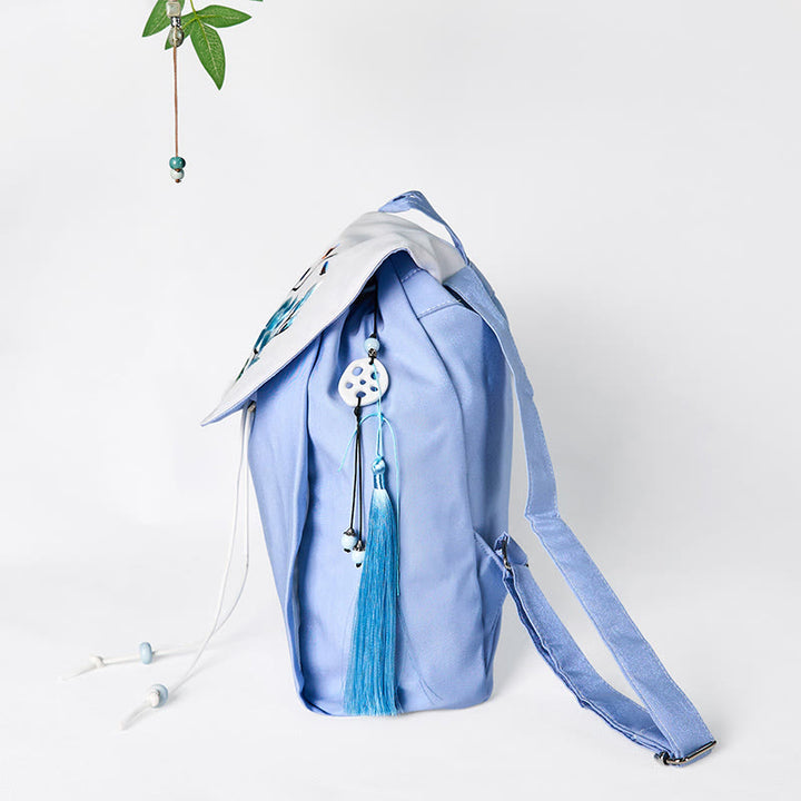 Zaino in tela di grande capacità, ricamato a mano con motivo di magnolia blu Buddha Stones