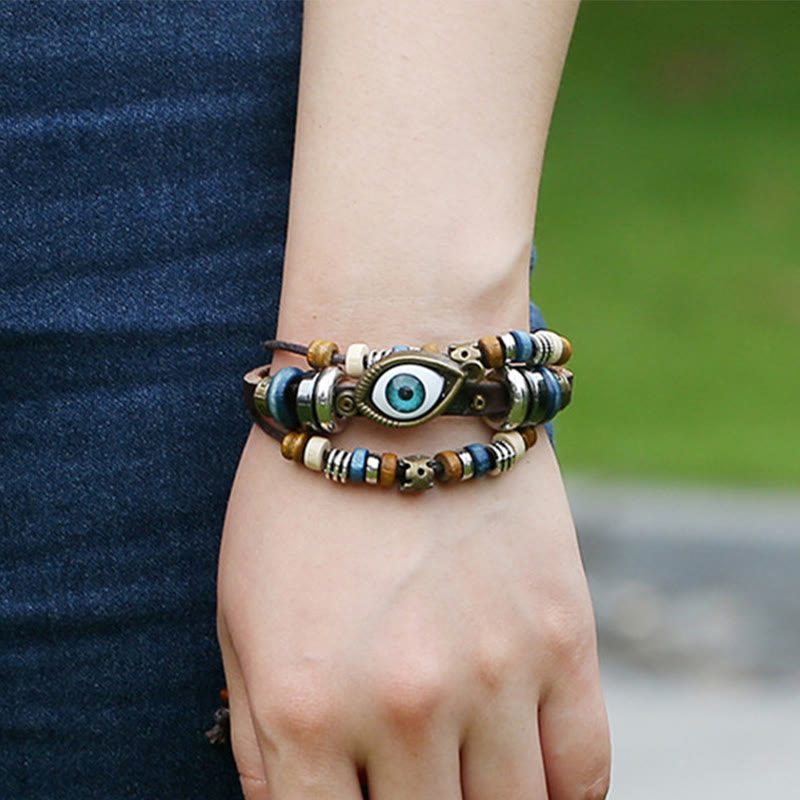 Braccialetto di protezione regolabile in pelle con Buddha Stones occhio maligno tibetano