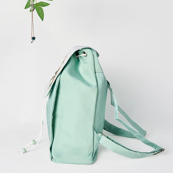 Zaino in tela di grande capacità ricamato con fiori di peonia verde fatti a mano con Buddha Stones
