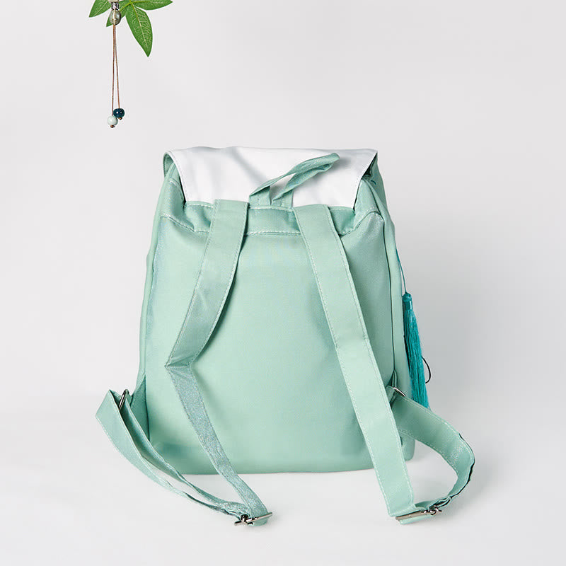 Zaino in tela di grande capacità ricamato con fiori di peonia verde fatti a mano con Buddha Stones
