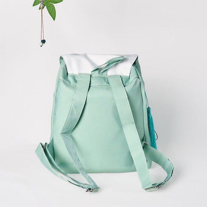 Zaino in tela di grande capacità ricamato con fiori di peonia verde fatti a mano con Buddha Stones