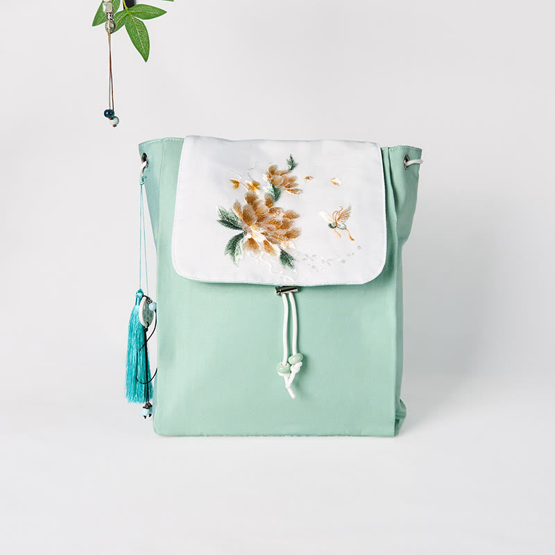 Zaino in tela di grande capacità ricamato con fiori di peonia verde fatti a mano con Buddha Stones