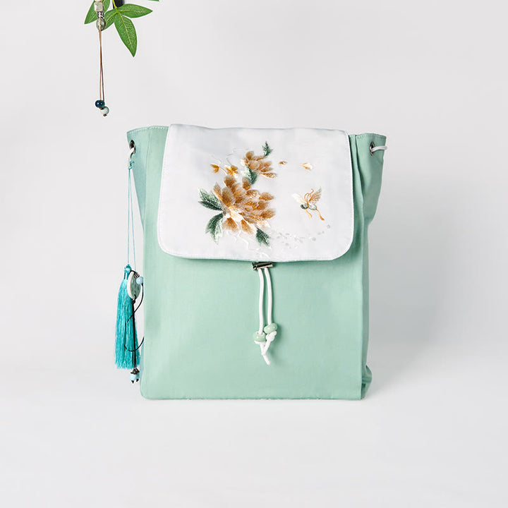 Zaino in tela di grande capacità ricamato con fiori di peonia verde fatti a mano con Buddha Stones
