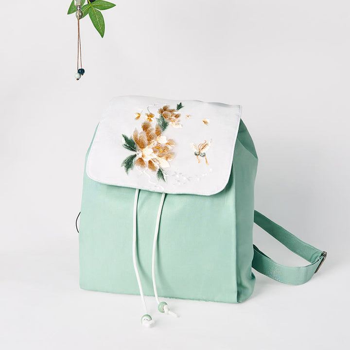 Zaino in tela di grande capacità ricamato con fiori di peonia verde fatti a mano con Buddha Stones