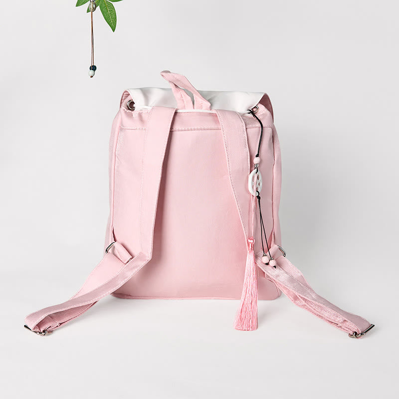 Zaino in tela di grande capacità ricamato con fiori di peonia rosa fatti a mano con Buddha Stones
