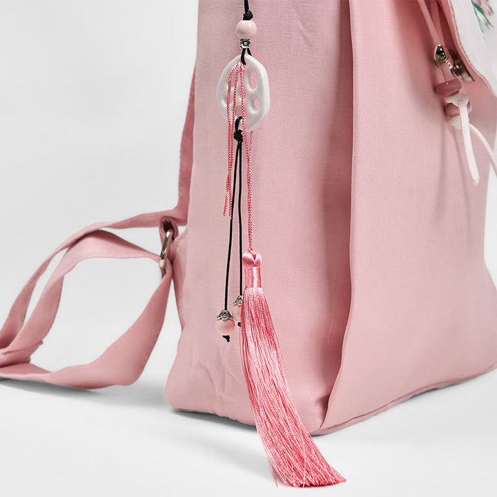 Zaino in tela di grande capacità ricamato con fiori di peonia rosa fatti a mano con Buddha Stones