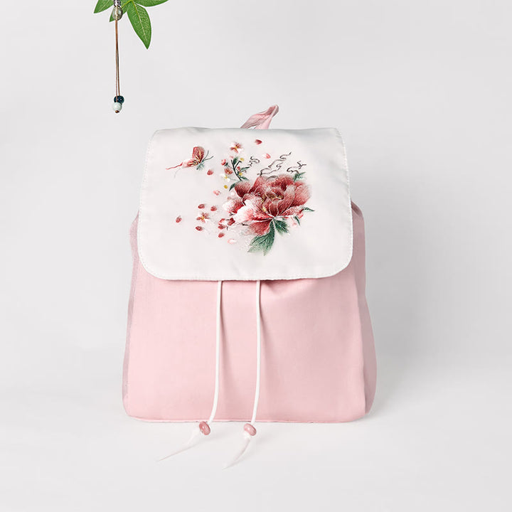 Zaino in tela di grande capacità ricamato con fiori di peonia rosa fatti a mano con Buddha Stones