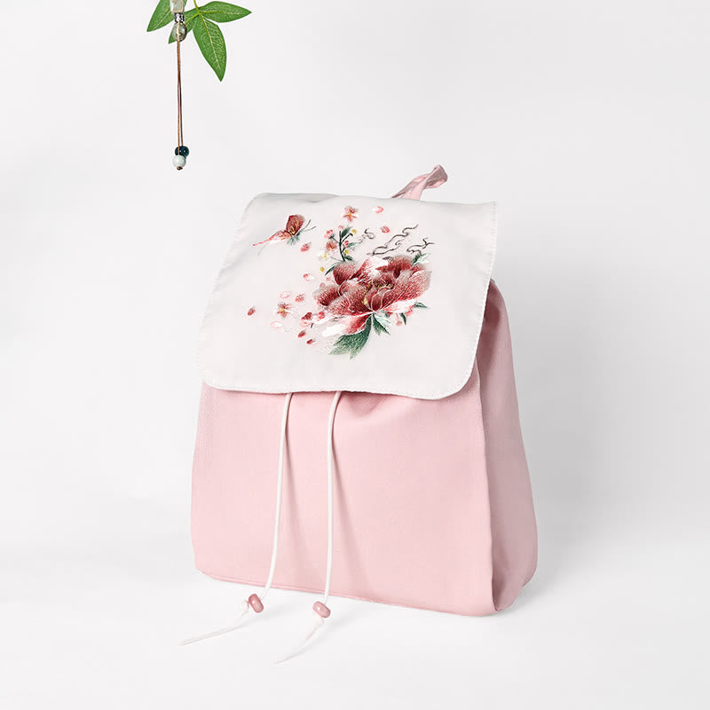 Zaino in tela di grande capacità ricamato con fiori di peonia rosa fatti a mano con Buddha Stones