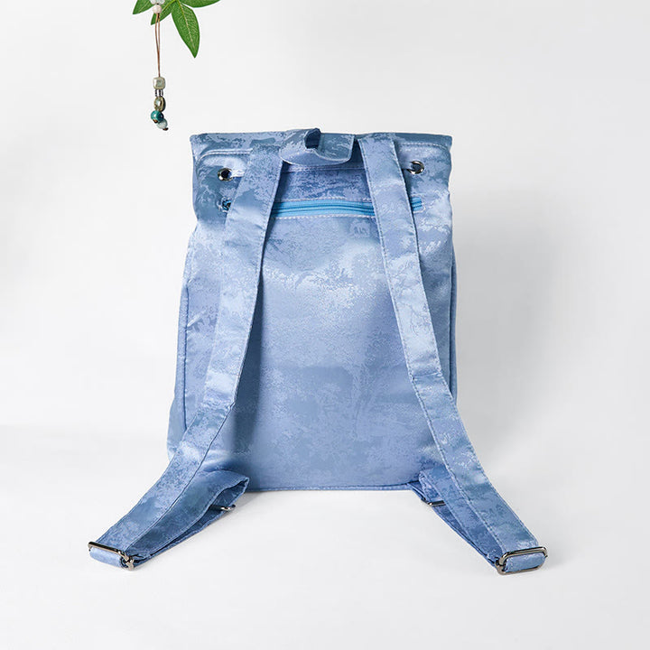 Zaino in poliestere e cotone di grande capacità, ricamato a mano con camelia blu, motivo Buddha Stones