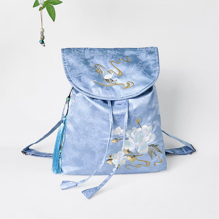 Zaino in poliestere e cotone di grande capacità, ricamato a mano con camelia blu, motivo Buddha Stones