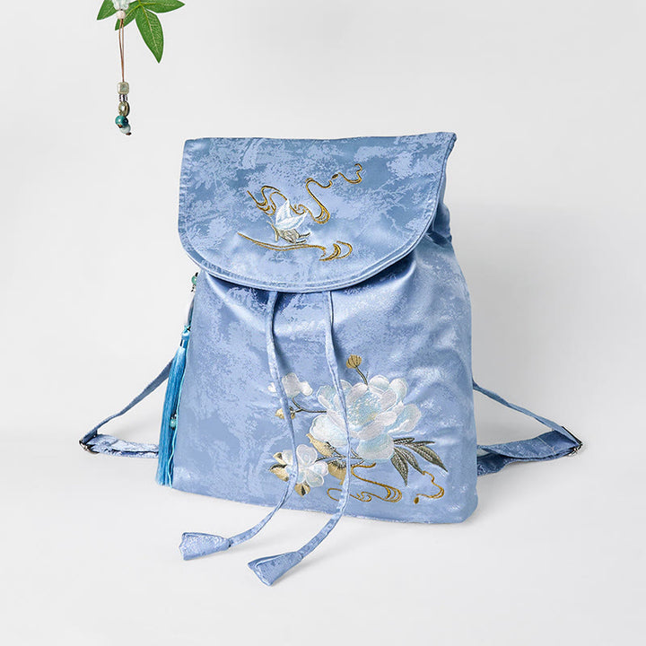 Zaino in poliestere e cotone di grande capacità, ricamato a mano con camelia blu, motivo Buddha Stones