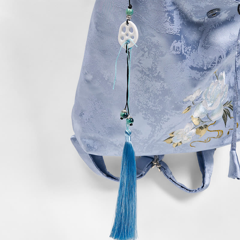 Zaino in poliestere e cotone di grande capacità, ricamato a mano con camelia blu, motivo Buddha Stones