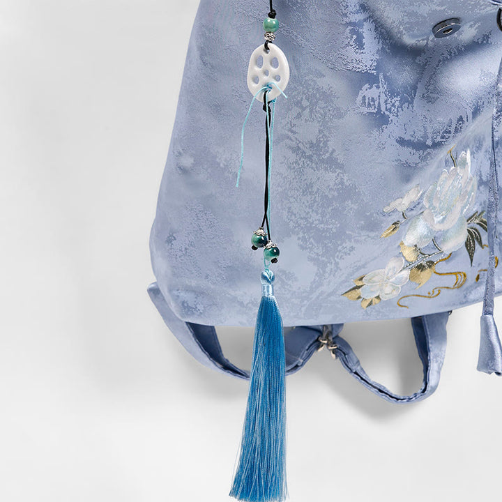 Zaino in poliestere e cotone di grande capacità, ricamato a mano con camelia blu, motivo Buddha Stones