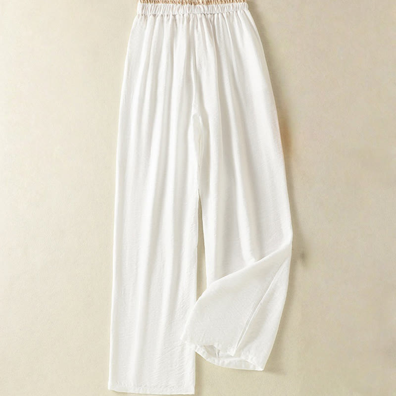 Pantaloni da donna in cotone e lino con coulisse, alla caviglia, stile casual vintage Buddha Stones, con tasche, in tinta unita