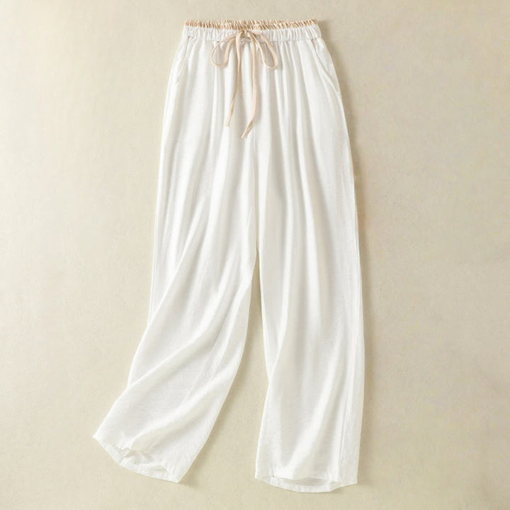 Pantaloni da donna in cotone e lino con coulisse, alla caviglia, stile casual vintage Buddha Stones, con tasche, in tinta unita