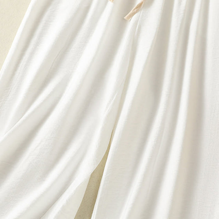 Pantaloni da donna in cotone e lino con coulisse, alla caviglia, stile casual vintage Buddha Stones, con tasche, in tinta unita