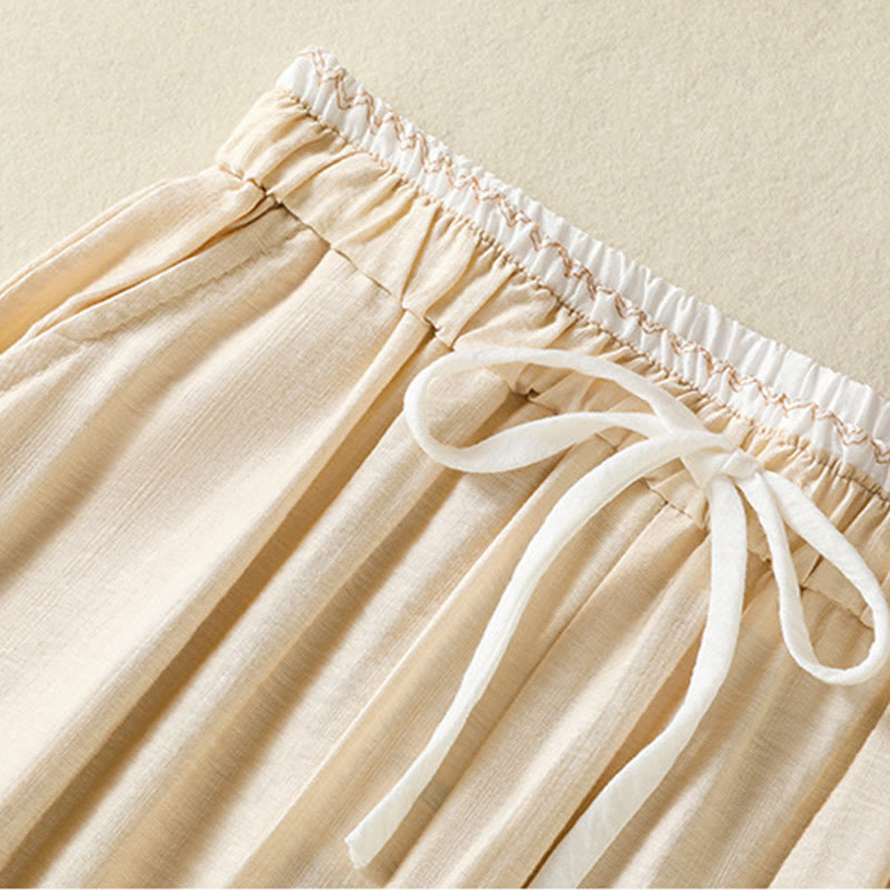 Pantaloni da donna in cotone e lino con coulisse, alla caviglia, stile casual vintage Buddha Stones, con tasche, in tinta unita