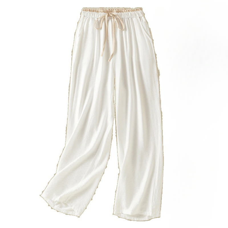 Pantaloni da donna in cotone e lino con coulisse, alla caviglia, stile casual vintage Buddha Stones, con tasche, in tinta unita